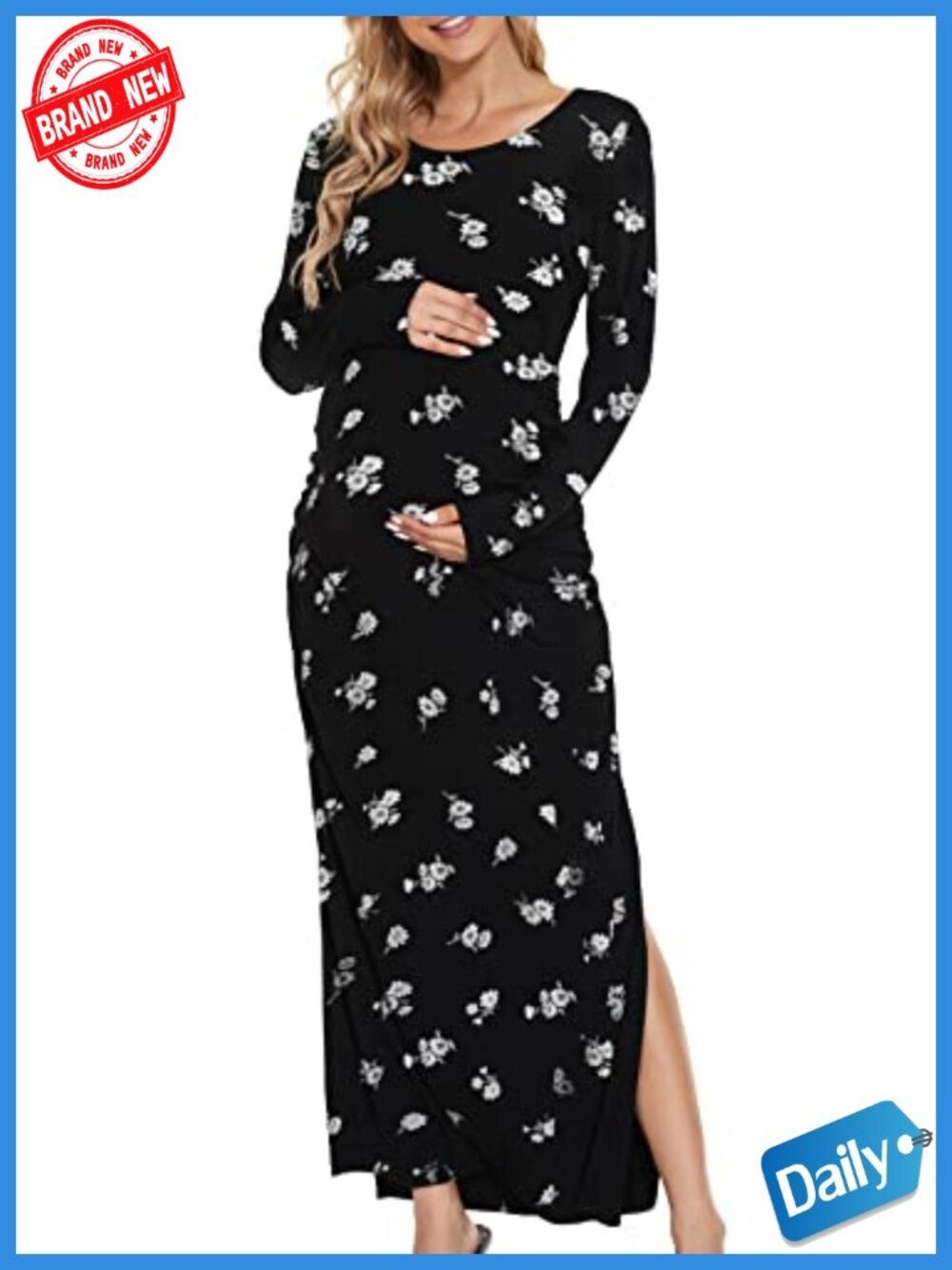 Maternity Long Sleeve Ruched Side Split Maxi Dress